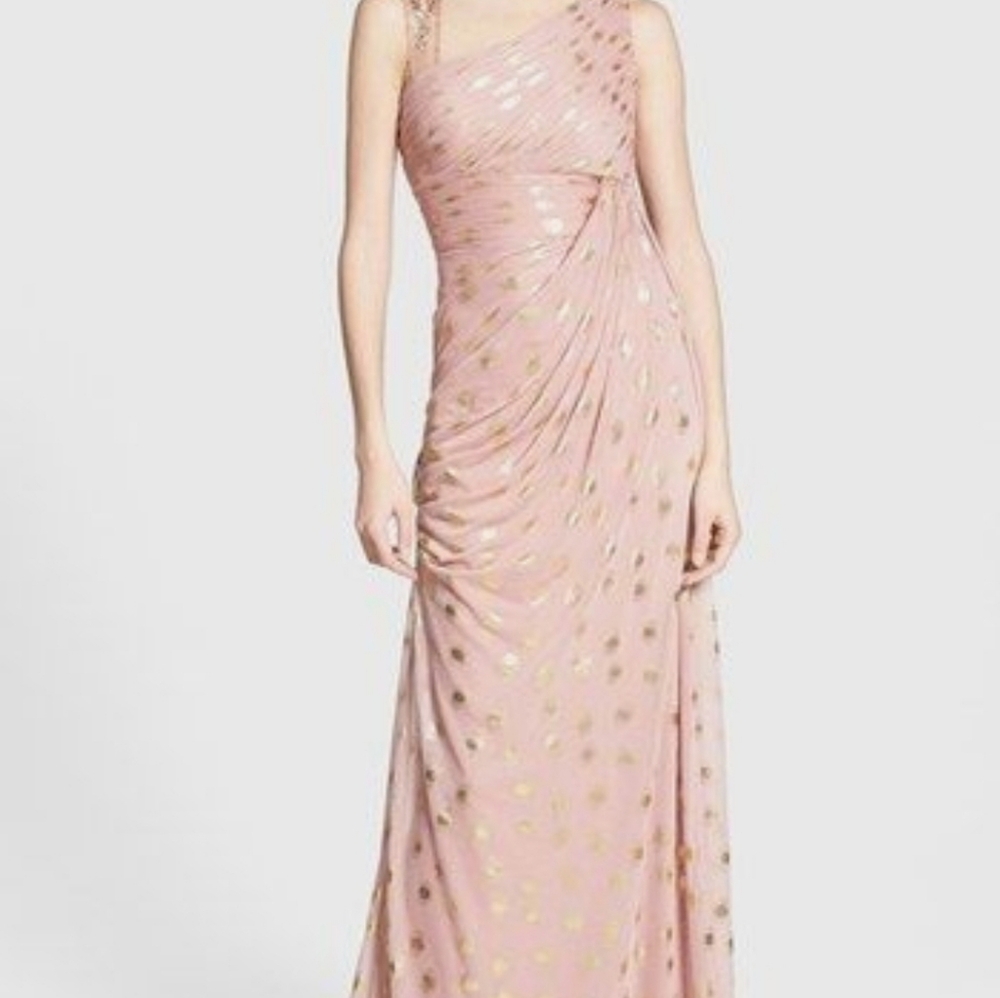 Like New Adrian Papell Gold Foil Dot Asymmetrical Dress